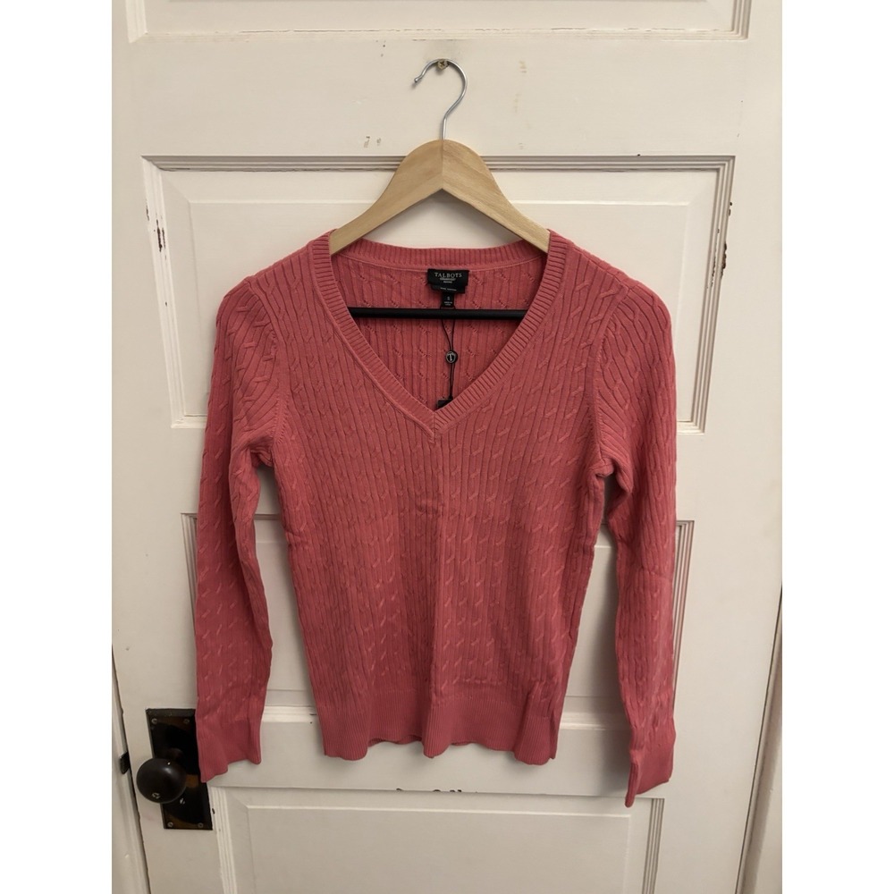 Talbots Women's Pink V-Neck Cable Knit Sweater Pima Cotton Size Small Petite New